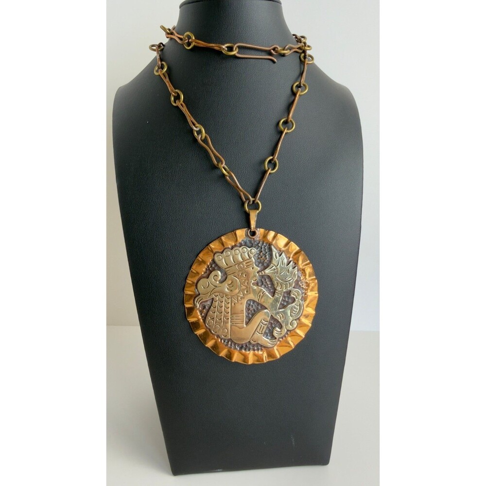 COBRE Vintage Mexican Copper Aztec Warrior Pendant Necklace Signed